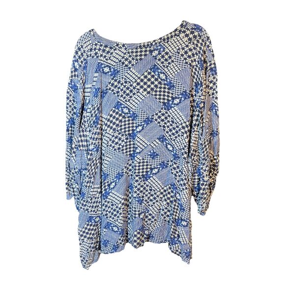 Catherines Womens 4X Blue White Geometric Boho Patchwork Top Boho Rayon Long Slv - Picture 2 of 7